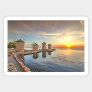 The sunrise at the famous windmills in Chios island, Greece Sticker